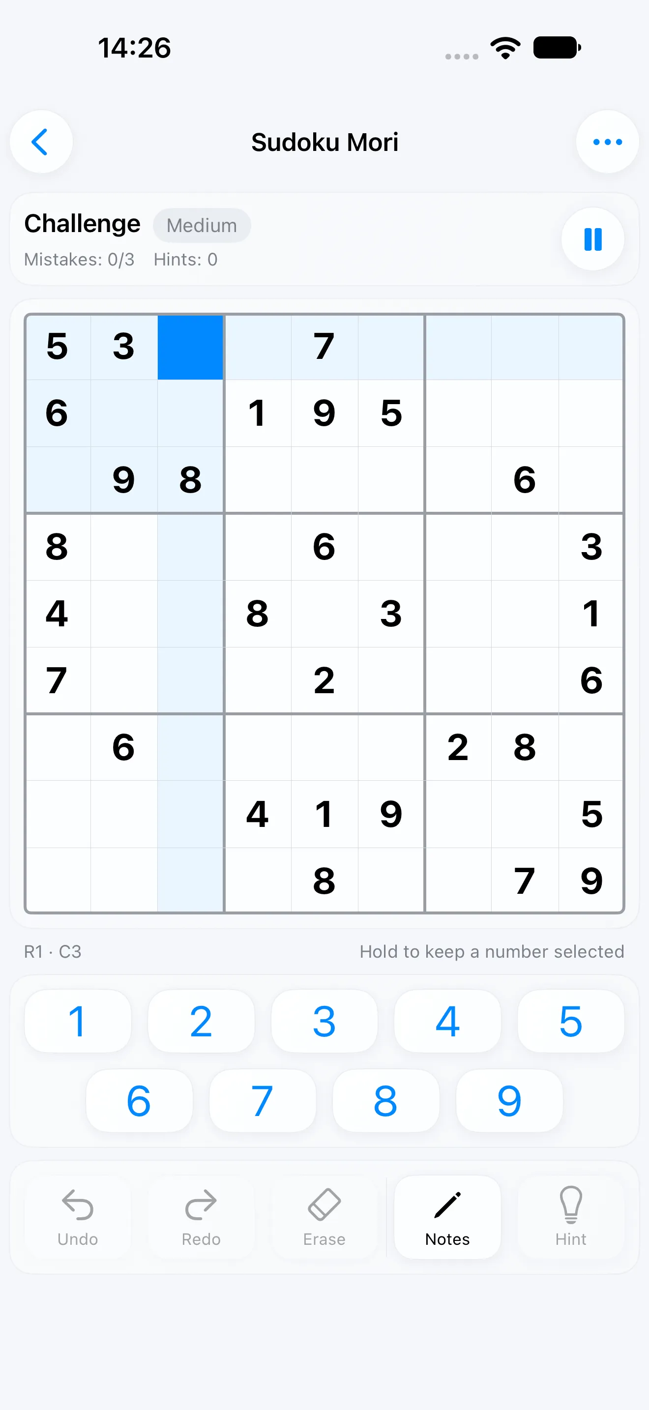 A challenge puzzle with a mistake counter reading 0 of 3 and the hints counter at 0.