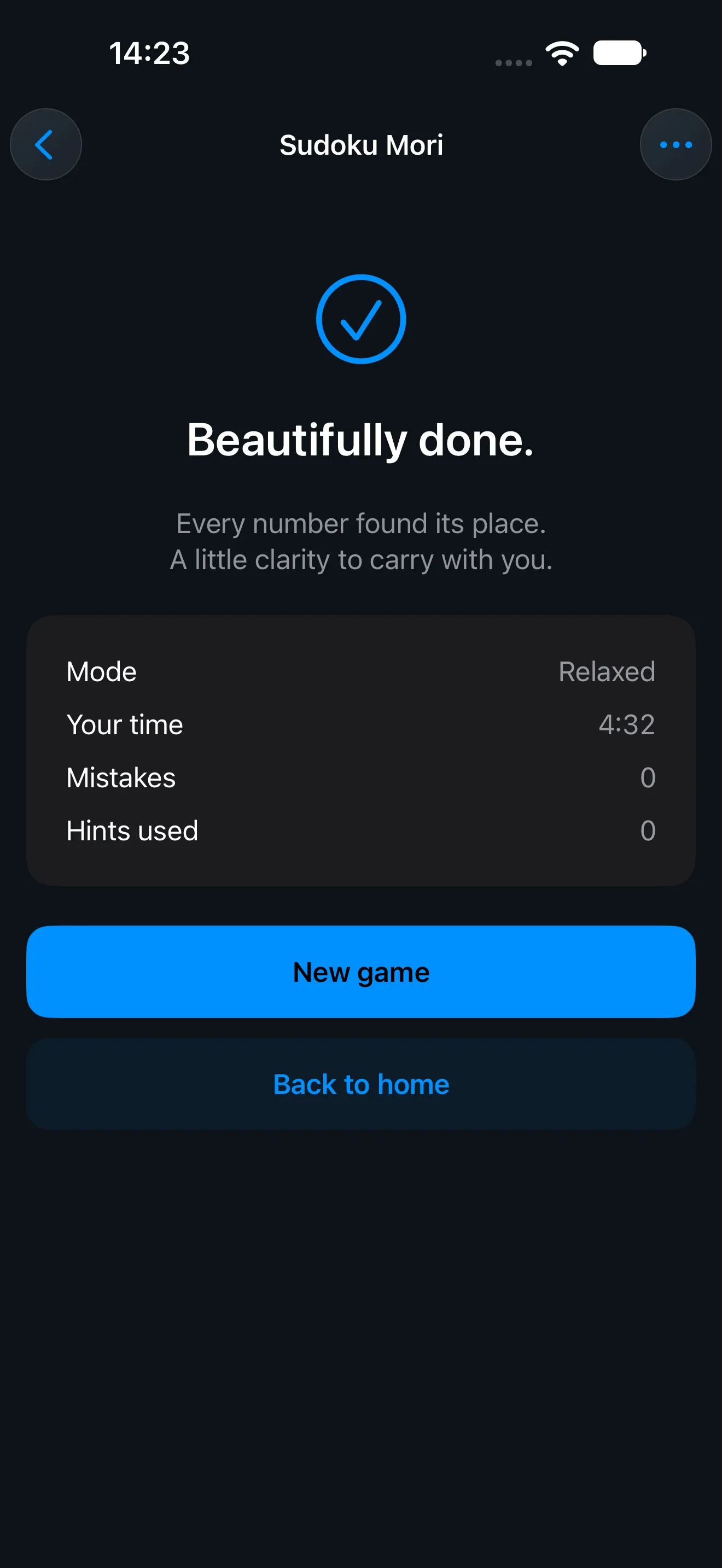 The same completion screen in the dark theme, the table and the New game button on a near-black background.
