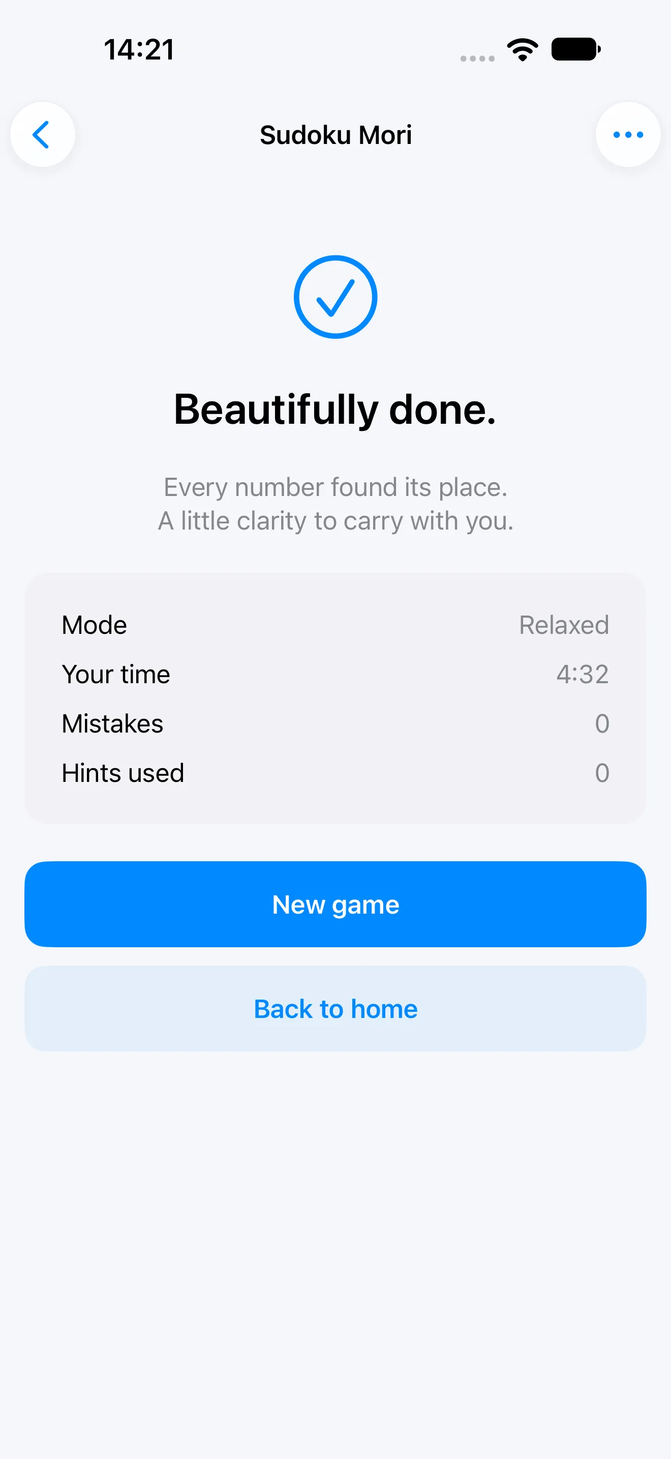 The completion screen: a tick, the line Beautifully done, and a table of mode, time, mistakes and hints used.