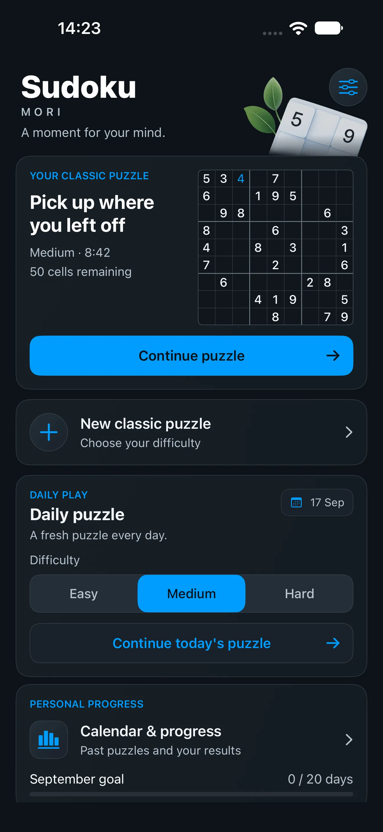 The same home screen in the dark theme, with the board, difficulty buttons and progress cards on a near-black background.