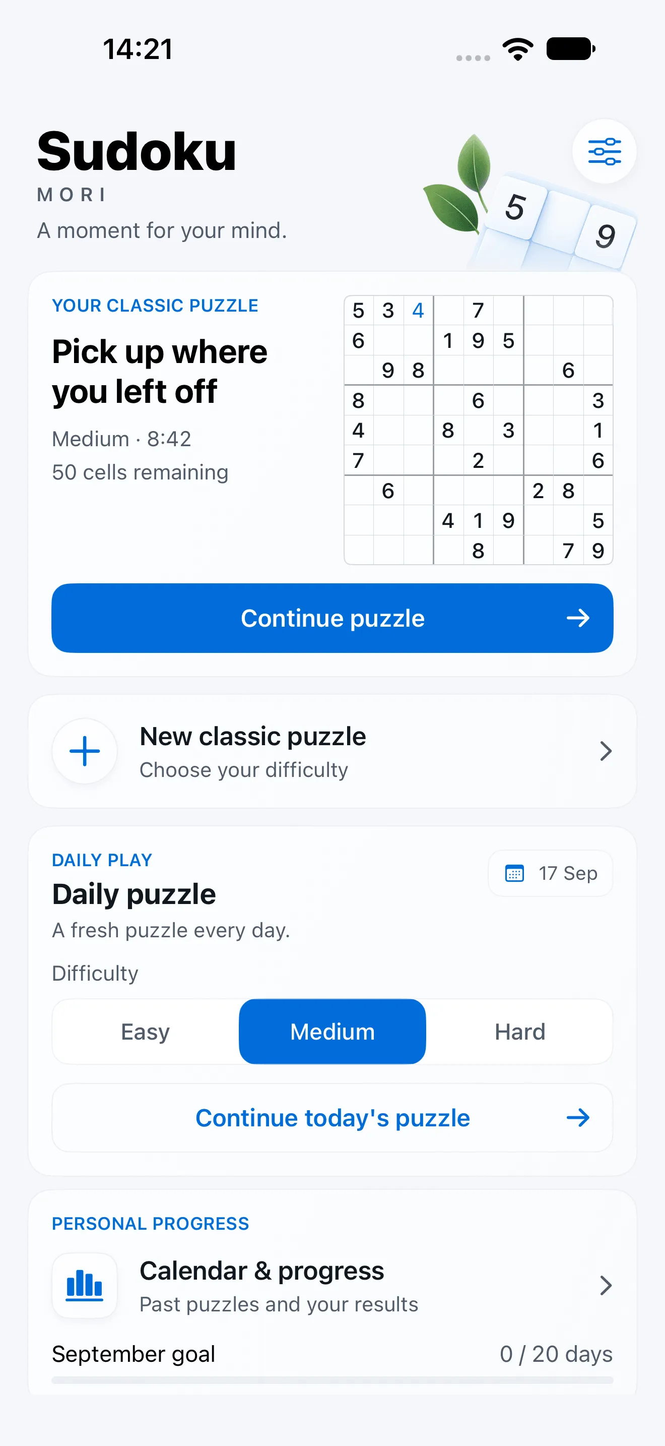 The Sudoku Mori home screen in the light theme: a classic puzzle picked up at medium difficulty, the daily puzzle, progress against a monthly goal, and the technique lessons.