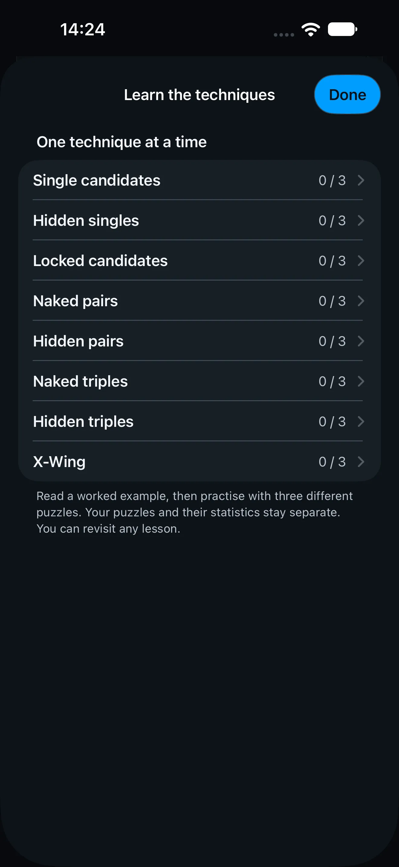The same list of techniques in the dark theme, each row a card on a near-black background.