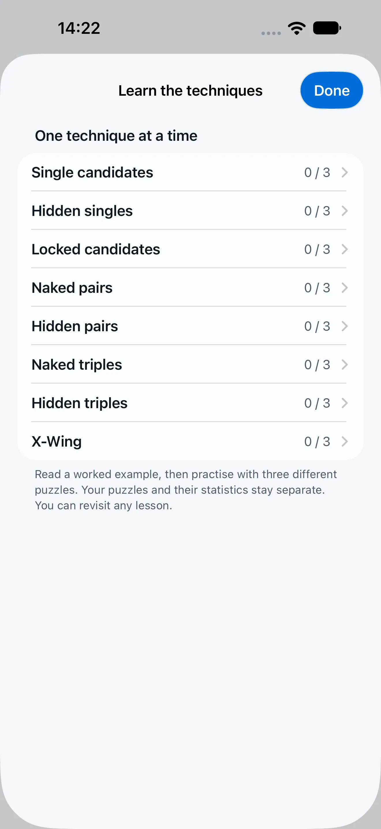 The Learn the techniques sheet in the light theme, listing single candidates, hidden singles, locked candidates, naked and hidden pairs and triples and X-Wing, each with its own count of three puzzles, none of them started yet.