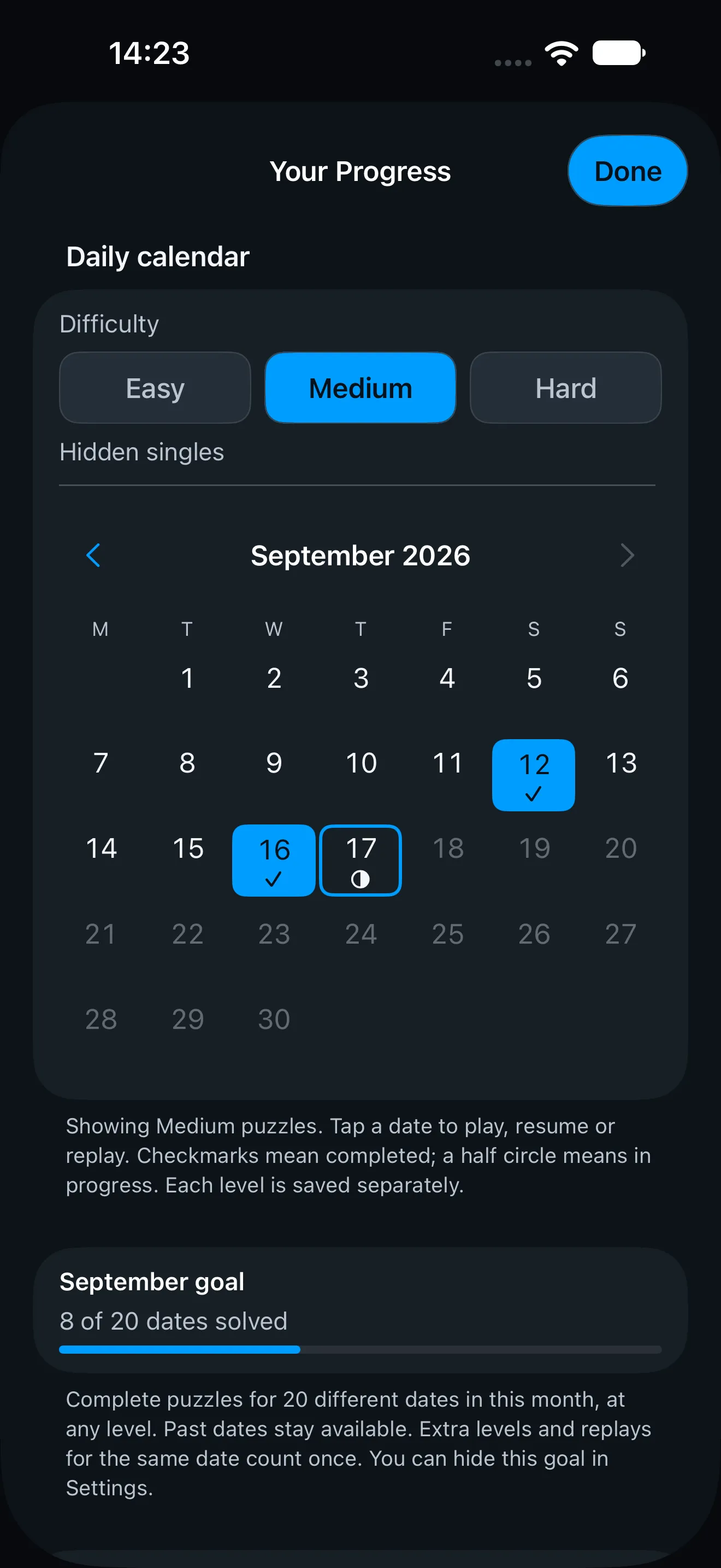 The same calendar and monthly goal in the dark theme, the ticked dates reading brighter against the near-black background.