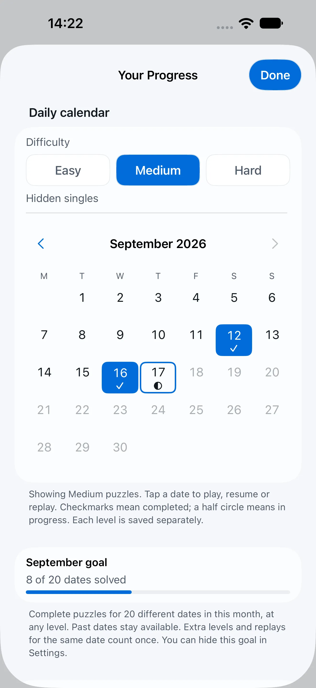 The daily calendar for September, with solved dates ticked in blue, one date part-finished, and a September goal of 8 of 20 dates solved.