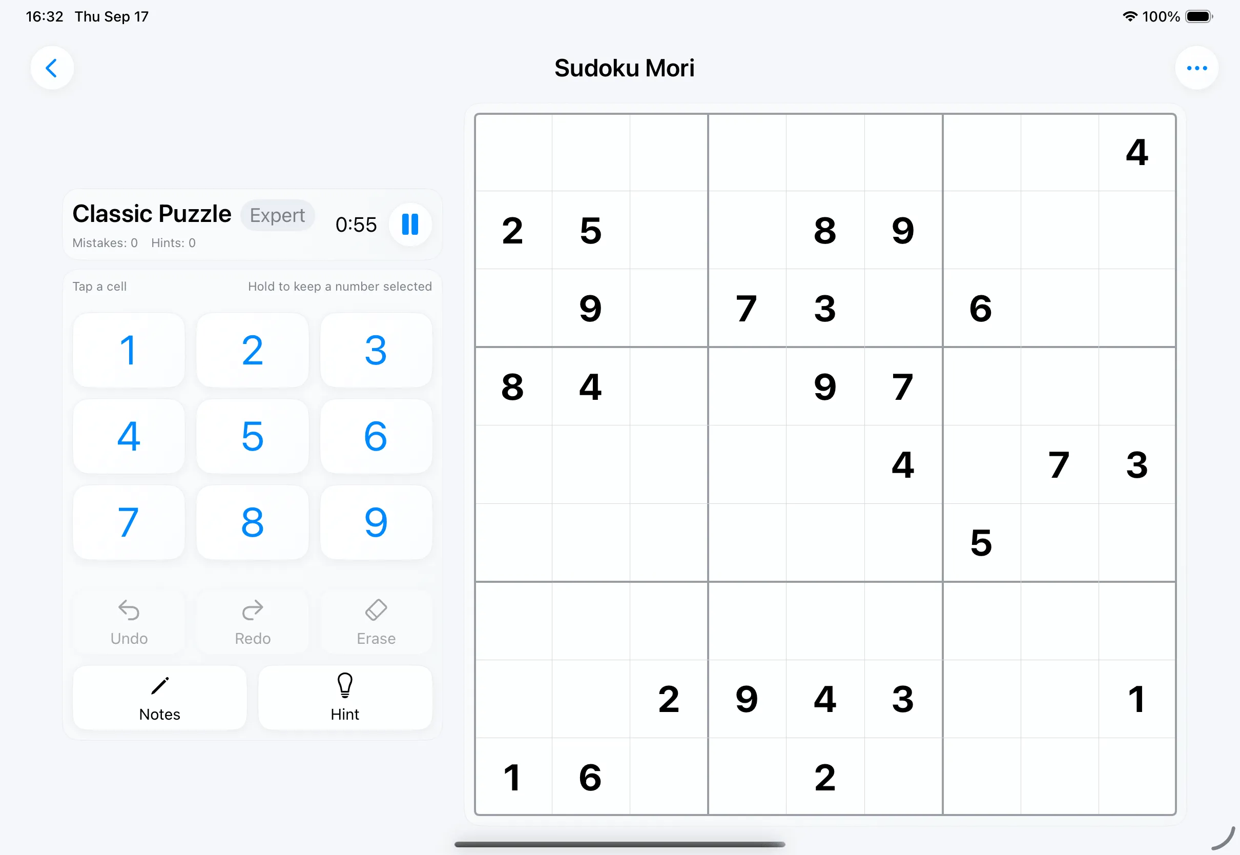 Sudoku Mori on iPad in the light theme and landscape, set up left-handed: the keypad, undo, redo, notes and hint controls in the left column and the board filling the right.