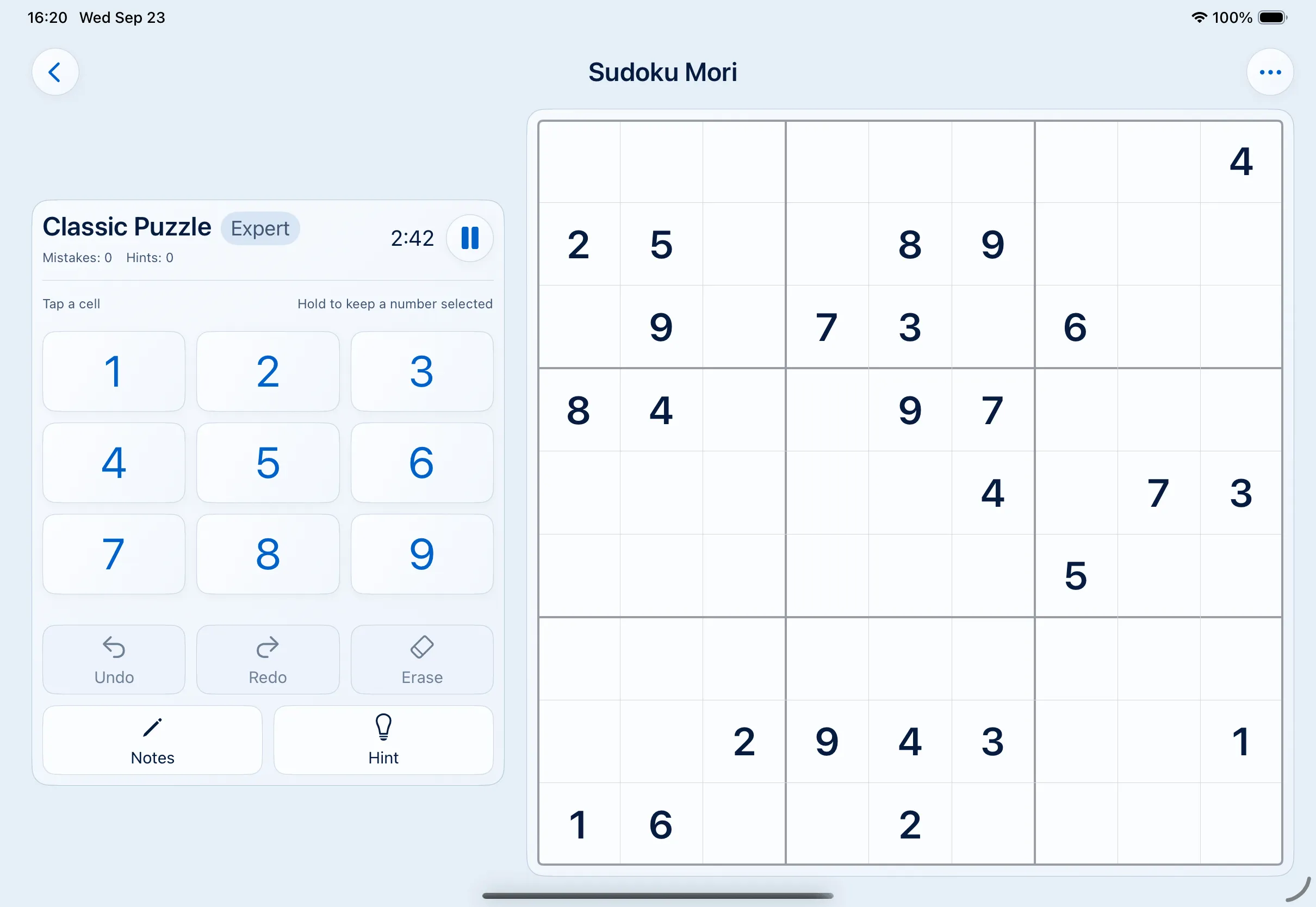 Sudoku Mori on iPad in the light theme and landscape, set up left-handed: an expert classic puzzle with the keypad, undo, redo, erase, notes and hint in the left column and the board filling the right.